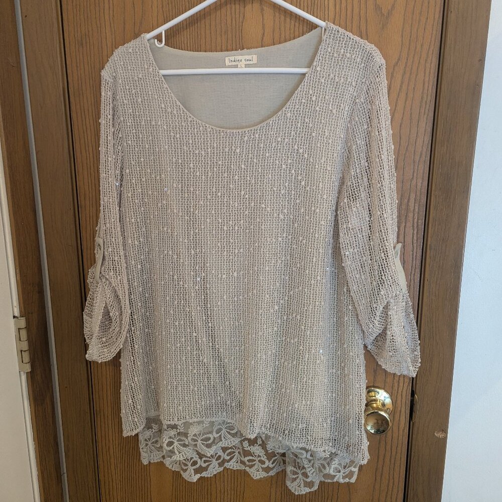 Indigo Soul Open Knit Sweater with Lace Trim-Women's Size Large